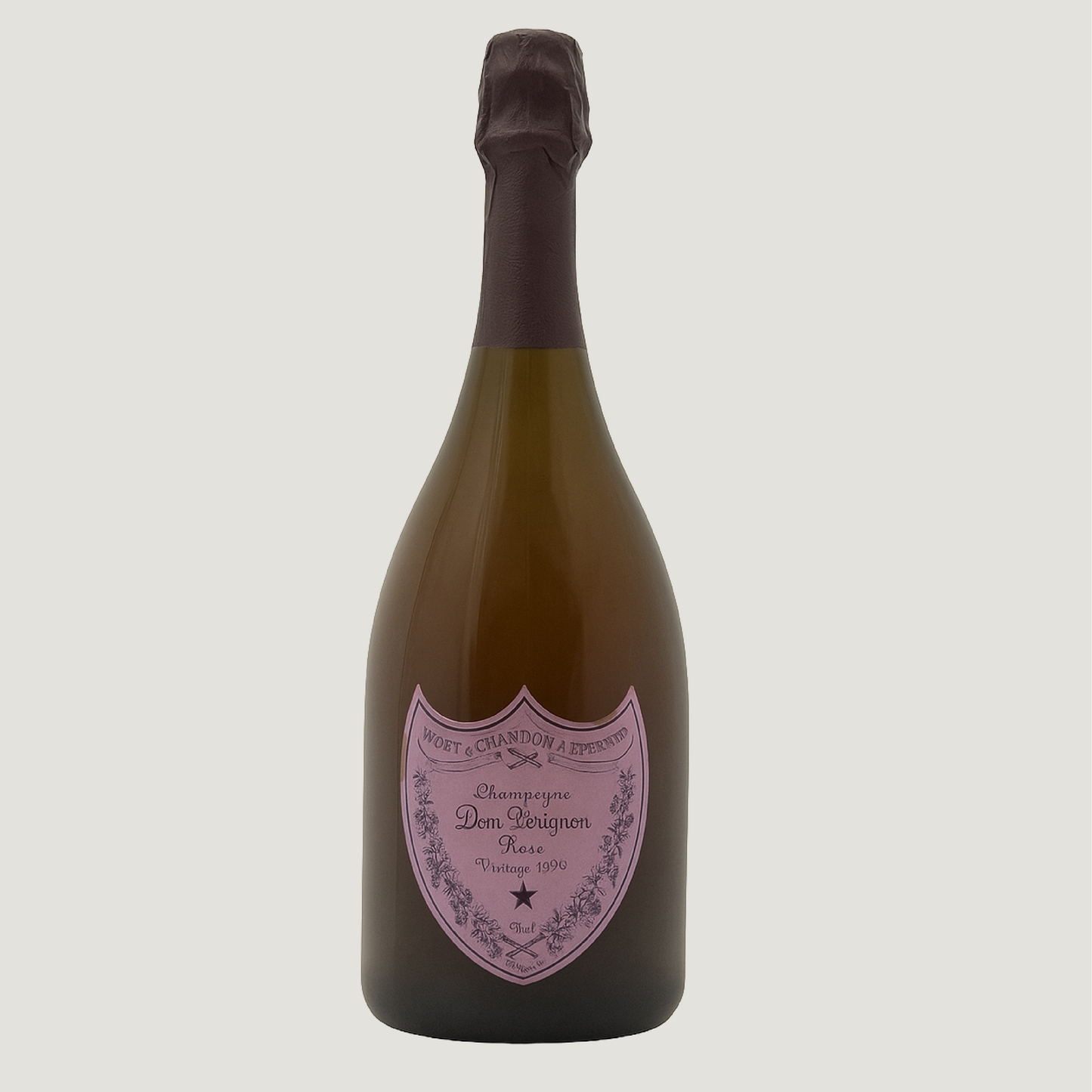 Dom Pérignon Rosé Vintage 1996 – Gesamtansicht der Champagnerflasche mit rosa Etikett auf neutralem Hintergrund