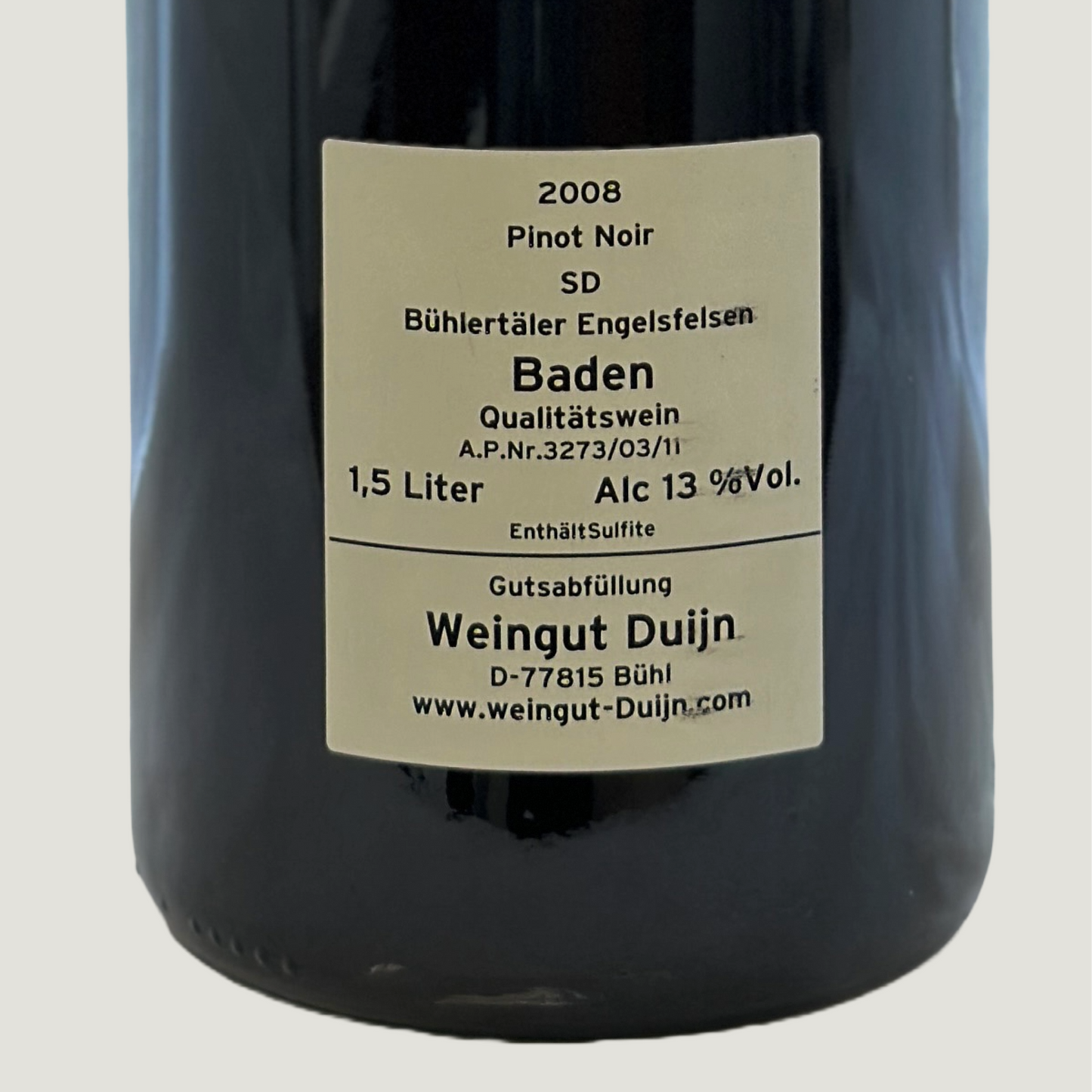 Rückseitenetikett der Magnumflasche Duijn Pinot Noir 2008 – Qualitätswein aus Baden mit 13 % Vol. Alkohol und 1,5 Liter Inhalt