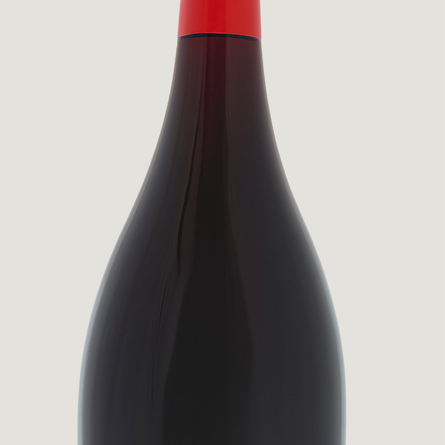 Detailaufnahme des Flaschenhalses einer Magnumflasche Pinot Noir mit roter Kapsel – klare Linien und glänzende Oberfläche.