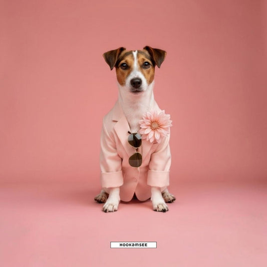 HOOKamSEE Styled Dogs Jack Russell Terrier — Jack Russell im rosafarbenen Blazer mit Peach-Blüte auf rosa Hintergrund