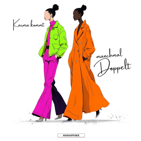 HOOKamSEE KARMA-Kollektion — Statement Motiv Karma kommt manchmal doppelt., zwei Frauen in Neongrün und Orange