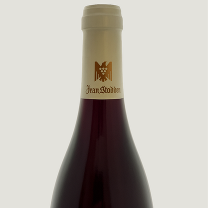 Flaschenhals des Jean Stodden Spätburgunder Alte Reben 2004 mit Kapsel und Logo – Detailaufnahme.