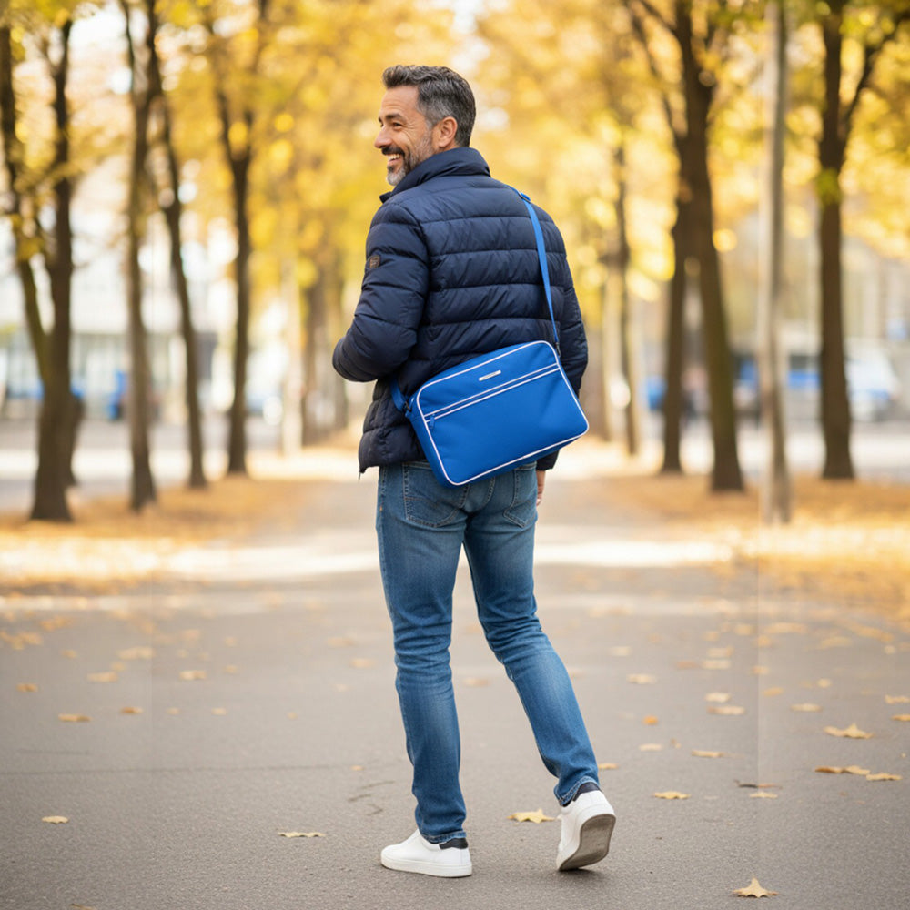 Blaue Retro Schultertasche Classic Edition #149 mit Frontreißverschluss und verstellbarem Schultergurt

