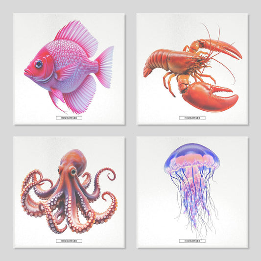 4er Set Keramikuntersetzer Aqua mit maritimem Design aus glänzender Keramik
