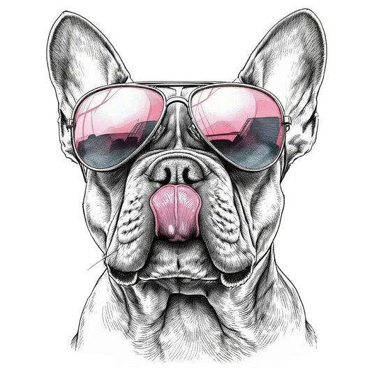 Illustration Frenchie mit pinker Sonnenbrille und herausgestreckter Zunge für Unisex Hoodie „Frenchie Pink Boss“
