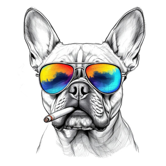 Illustration eines Frenchie mit Regenbogen-Sonnenbrille und Zigarette für Unisex Hoodie „Frenchie Rainbow Rebel“