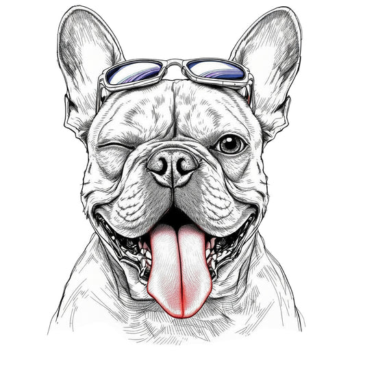 Detailillustration Frenchie Wink Rebel mit zwinkerndem Auge und hochgeschobener Sonnenbrille
