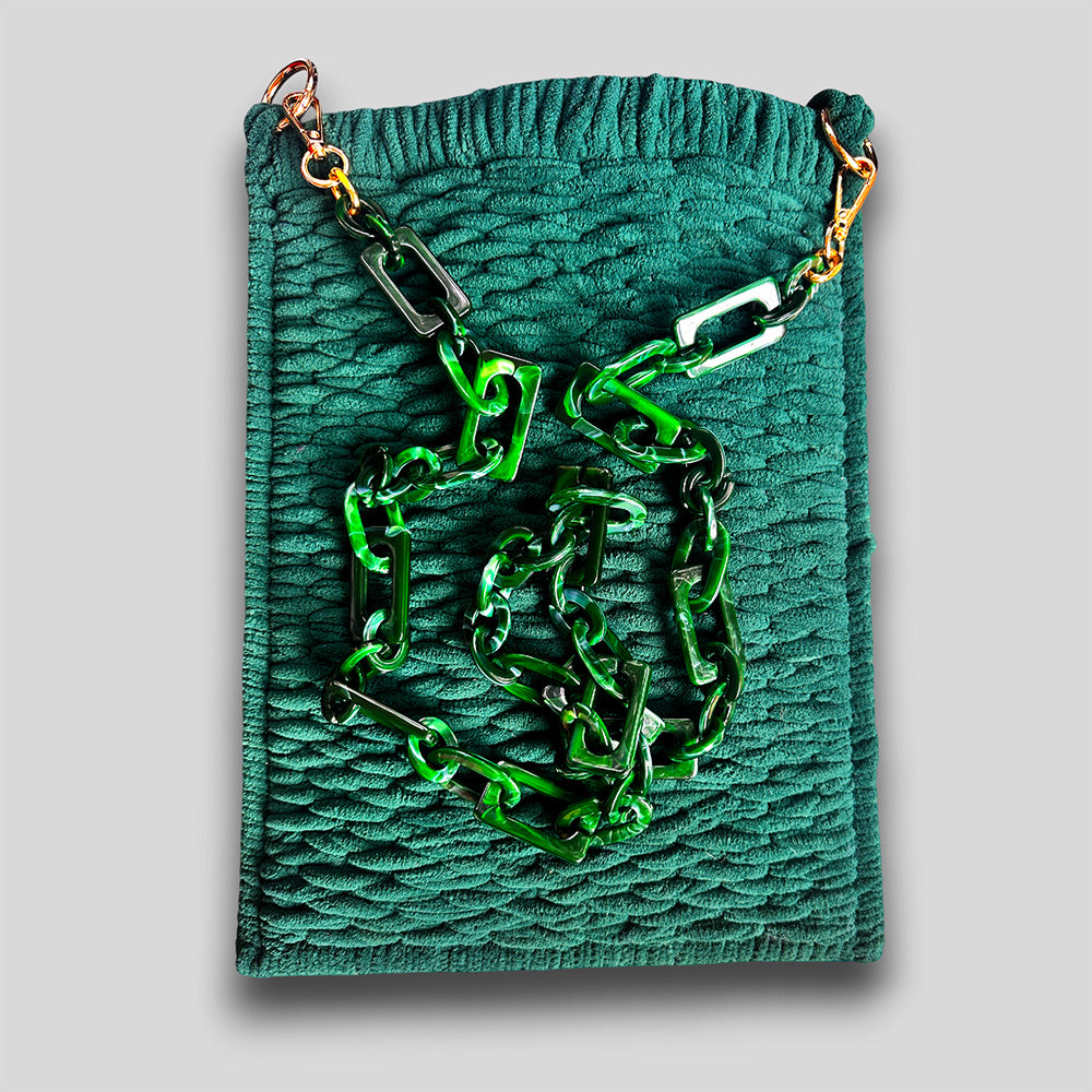 Gitterstruktur Tasche Racing Green #120 handgefertigte Samtgarn Tasche mit Acrylkette
