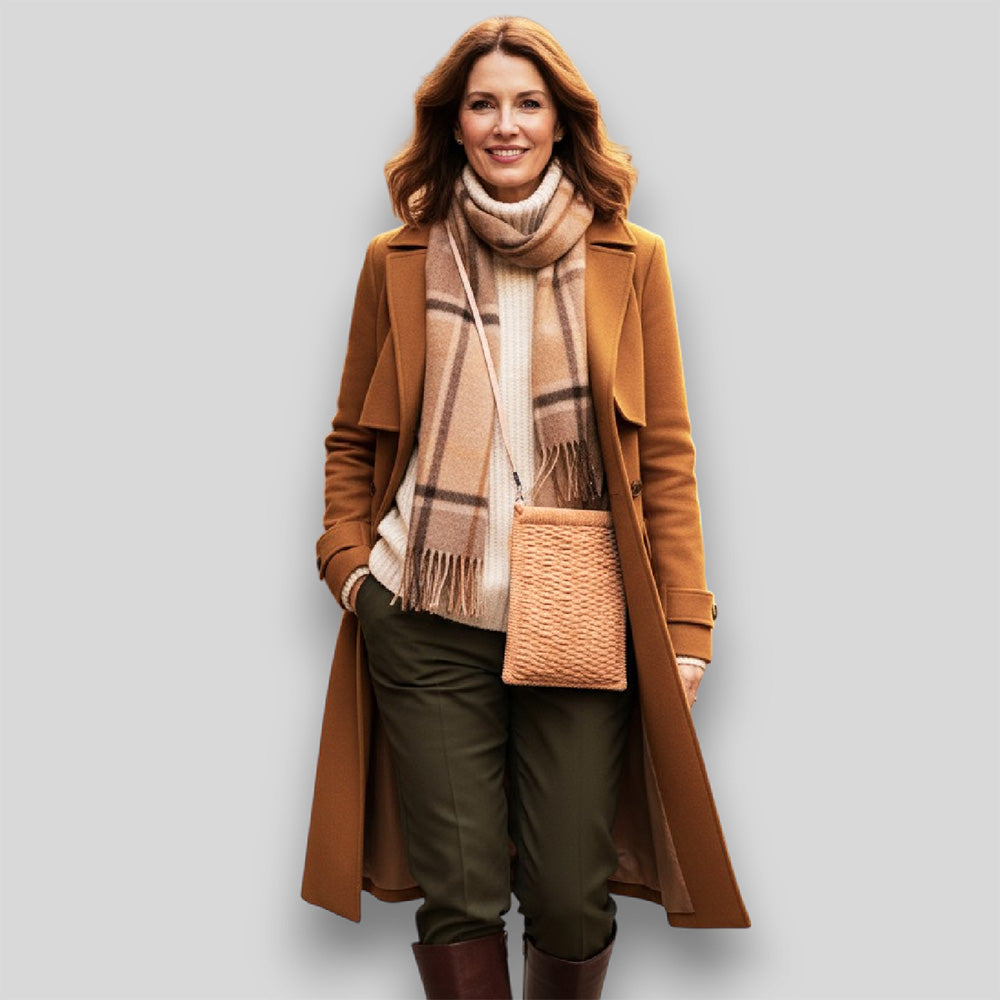 Dame trägt Gitterstruktur Tasche Urban Beige #119 als minimalistische Smartphone Umhängetasche im urbanen Outfit