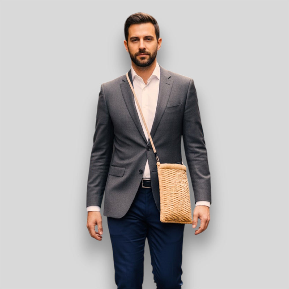 Herr trägt Gitterstruktur Tasche Urban Beige #119 als moderne Smartphone Tasche für Alltag und Stadt
