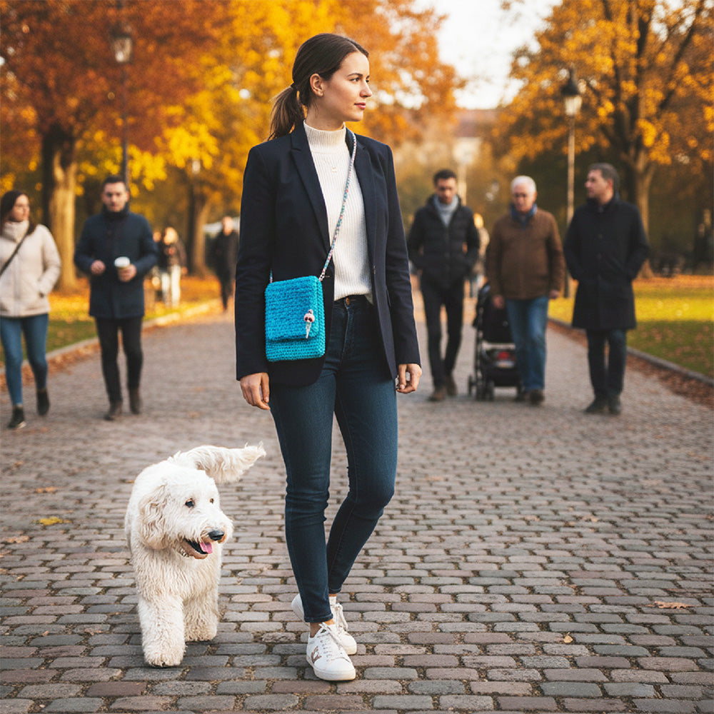 Häkeltasche Blue Breeze #140 als Crossbody Tasche im Alltag getragen
