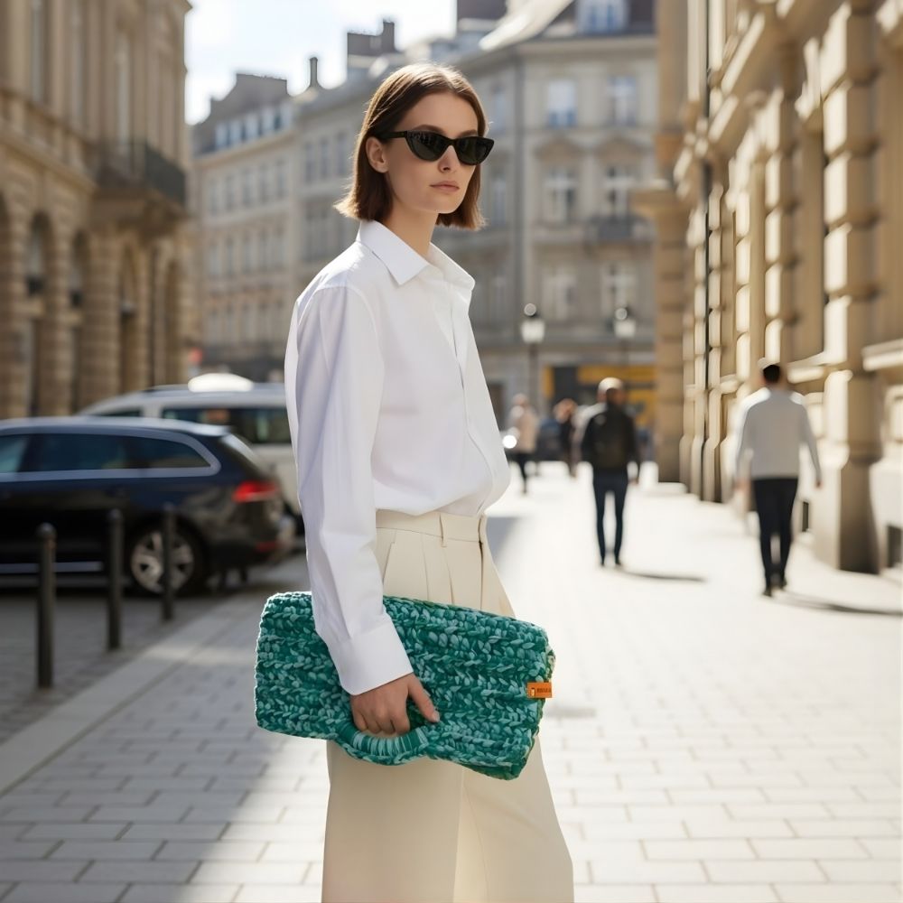 Häkeltasche Clutch Grün – großes Statement-Unikat aus recyceltem T-Shirtgarn #165