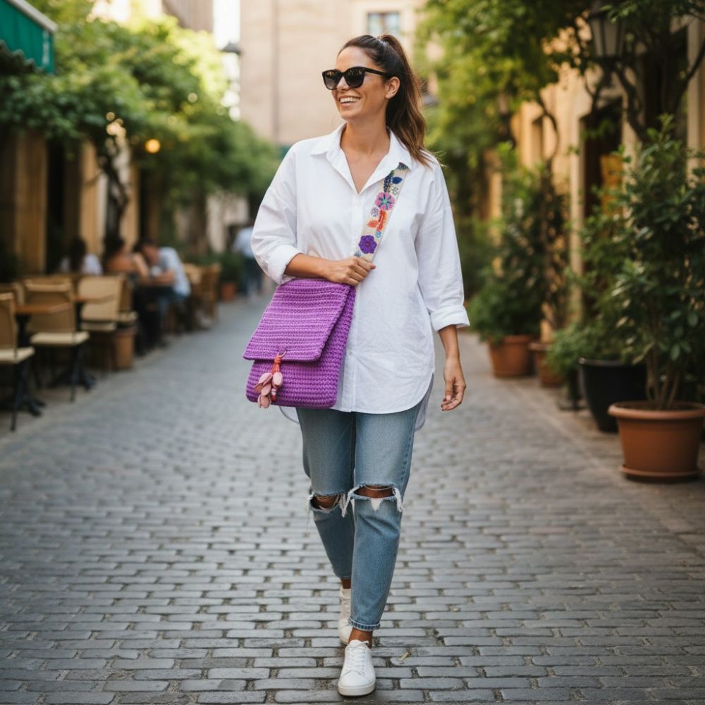Frau trägt große Häkeltasche Flieder Bloom mit besticktem Schultergurt als Crossbody Tasche
