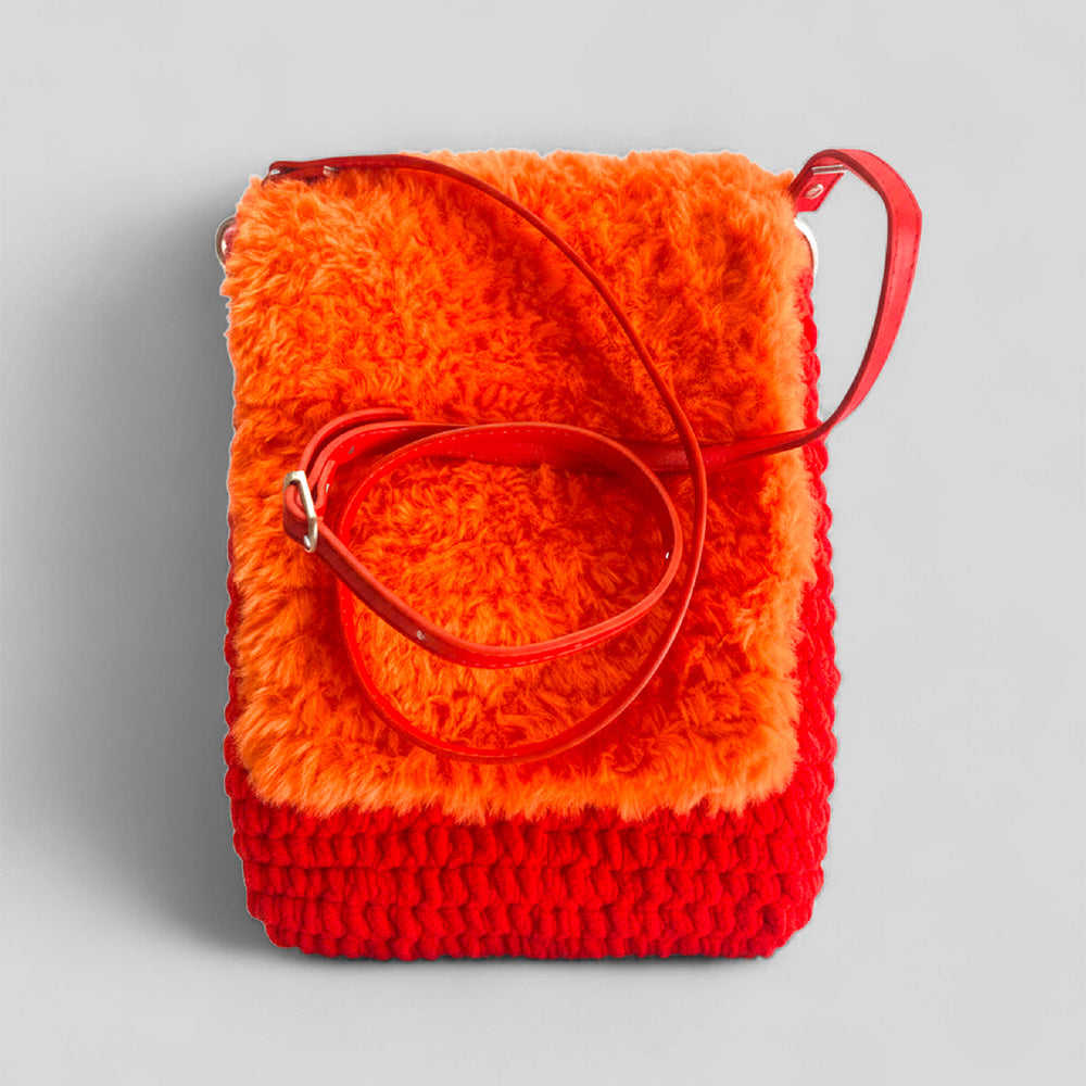 Häkeltasche Sunset Glow #131 handgefertigte Umhängetasche aus Samtgarn in Orange und Rot

