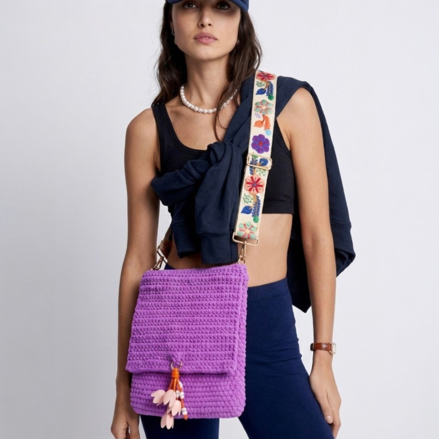 Häkeltasche Damen Crossbody – große Tasche Flieder Bloom #155