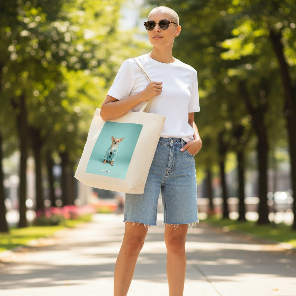 Große Shopping Bag Styled Dogs Chihuahua in Cremebeige – Frau trägt Canvas Tote Bag im Park, HOOKamSEE Kollektion Styled Dogs

