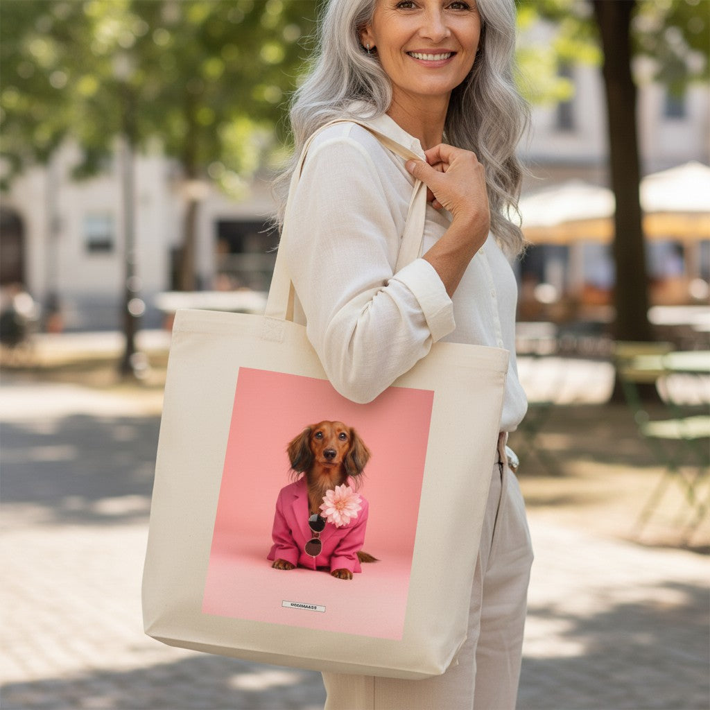 Große Shopping Bag Styled Dogs Dackel in Cremebeige – Frau trägt Canvas Tote Bag im Park, HOOKamSEE Kollektion Styled Dogs