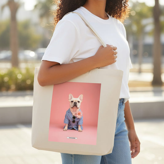 Große Shopping Bag Styled Dogs Frenchie in Cremebeige – Frau trägt Canvas Tote Bag im Freien, HOOKamSEE Kollektion Styled Dogs