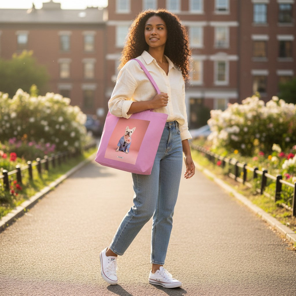 Große Shopping Bag Styled Dogs Frenchie in Pink – Lifestyle-Shot im Park, HOOKamSEE Canvas Tote Bag