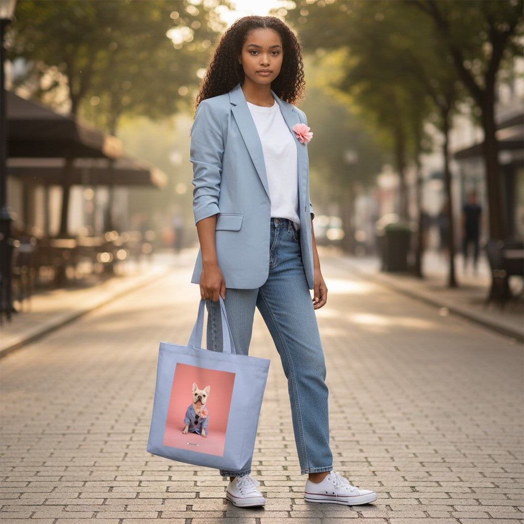 Große Shopping Bag Styled Dogs Frenchie in Sky – Frau trägt Canvas Tote Bag in der Stadt, HOOKamSEE Kollektion Styled Dogs