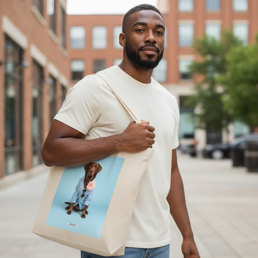 Große Shopping Bag Styled Dogs Labrador in Cremebeige – Mann trägt Canvas Tote Bag in der Stadt, HOOKamSEE Kollektion Styled Dogs