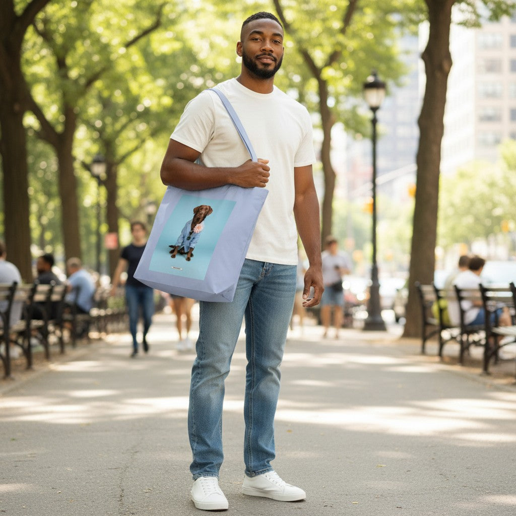 Große Shopping Bag Styled Dogs Labrador in Sky – Mann trägt Canvas Tote Bag im Park, HOOKamSEE Kollektion Styled Dogs
