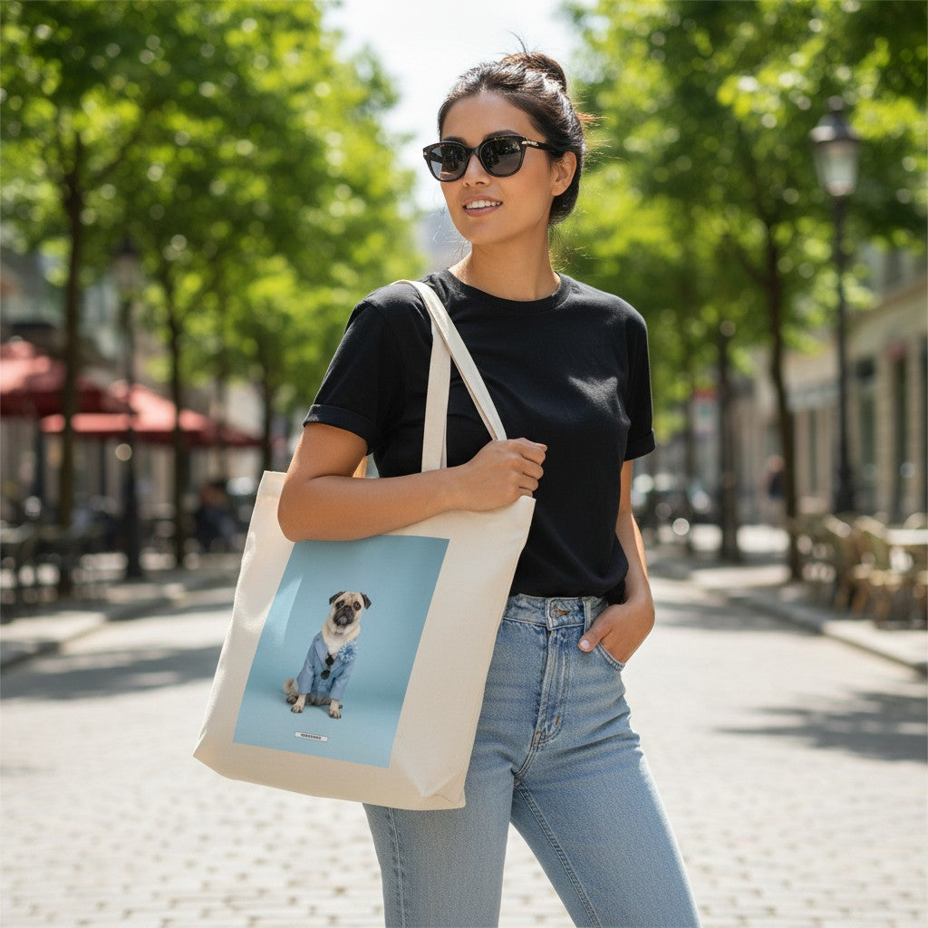Große Shopping Bag Styled Dogs Mops in Cremebeige – Frau trägt Canvas Tote Bag auf der Allee, HOOKamSEE Kollektion Styled Dogs