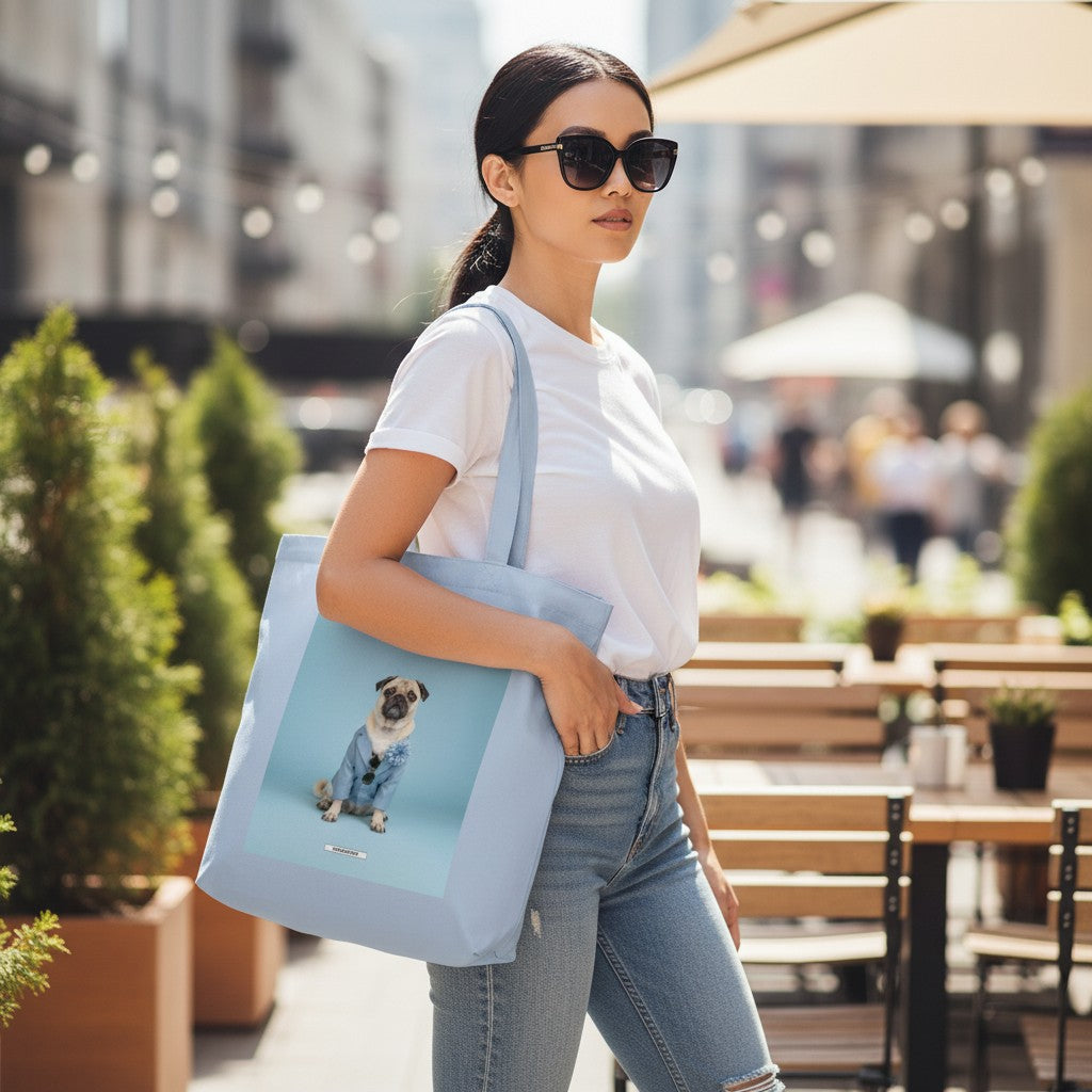 Große Shopping Bag Styled Dogs Mops in Sky – Frau trägt Canvas Tote Bag im Stadtcafé, HOOKamSEE Kollektion Styled Dogs