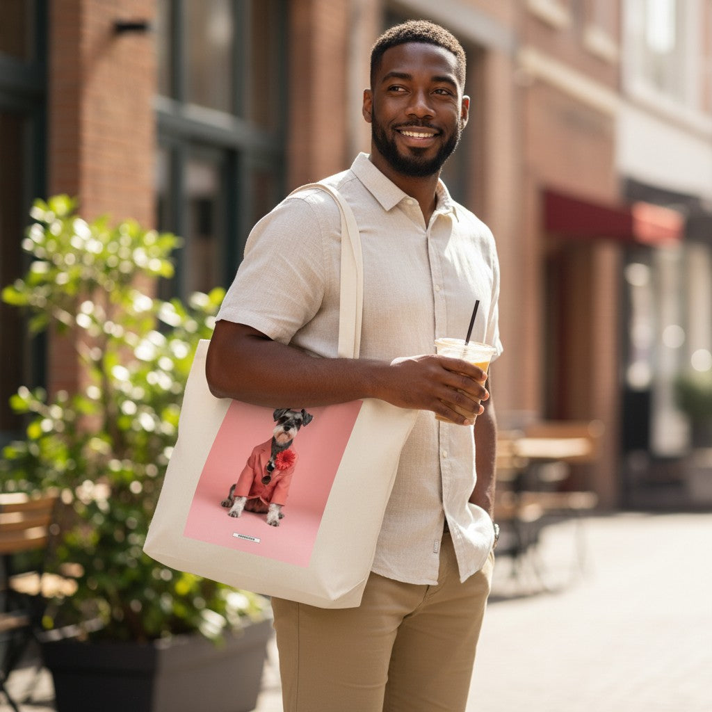 Große Shopping Bag Styled Dogs Schnauzer in Cremebeige – Mann trägt Canvas Tote Bag in der Stadt, HOOKamSEE Kollektion Styled Dogs
