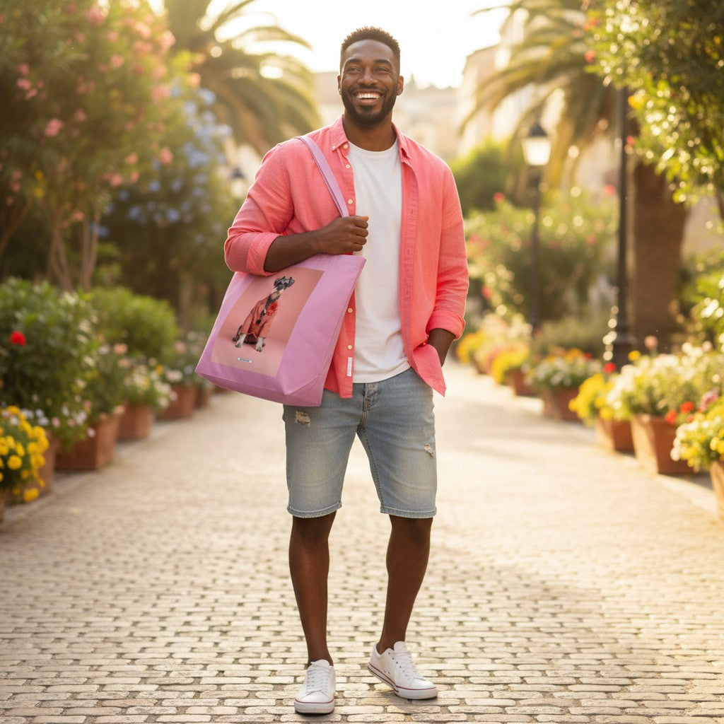 Große Shopping Bag Styled Dogs Schnauzer in Pink – Mann trägt Canvas Tote Bag an der Palmenpromenade, HOOKamSEE Kollektion Styled Dogs