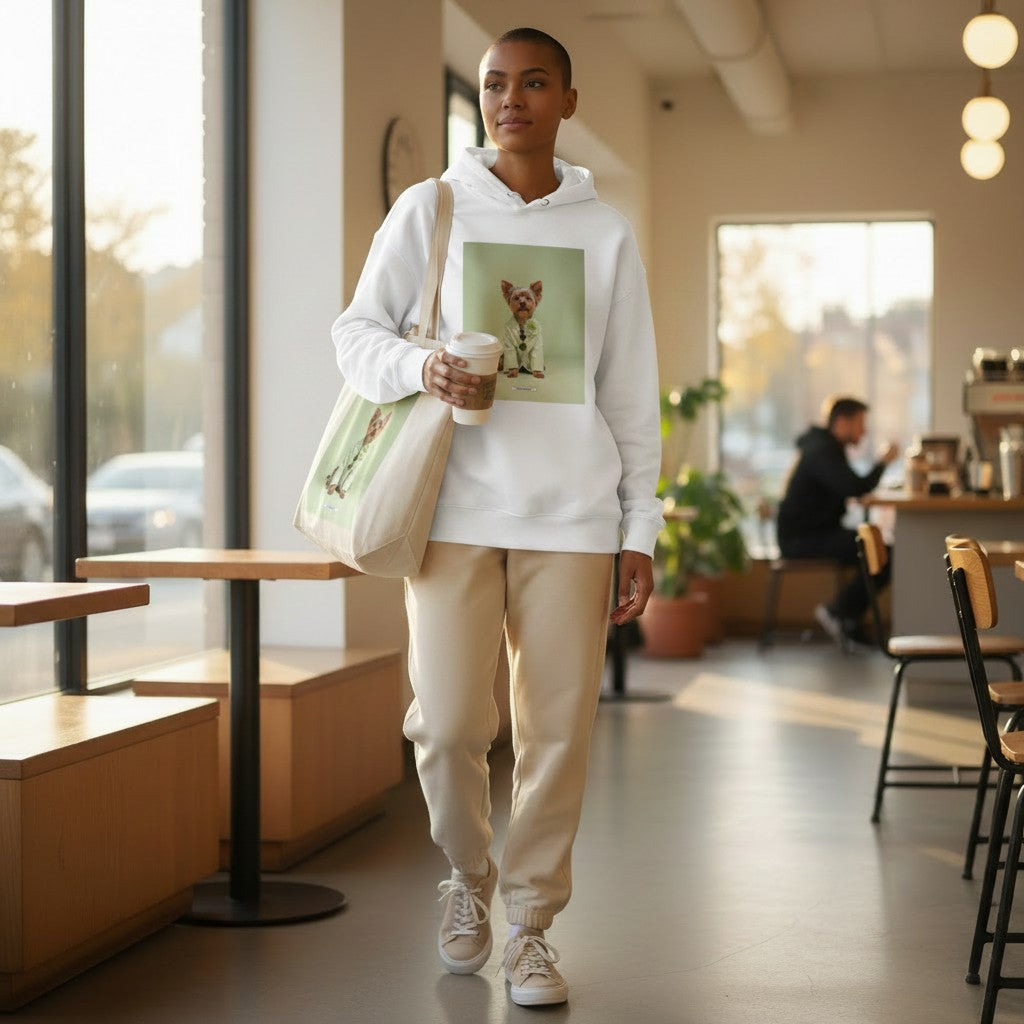 Große Shopping Bag Styled Dogs Yorkshire Terrier in Cremebeige – Frau trägt Canvas Tote Bag im Café, HOOKamSEE Kollektion Styled Dogs