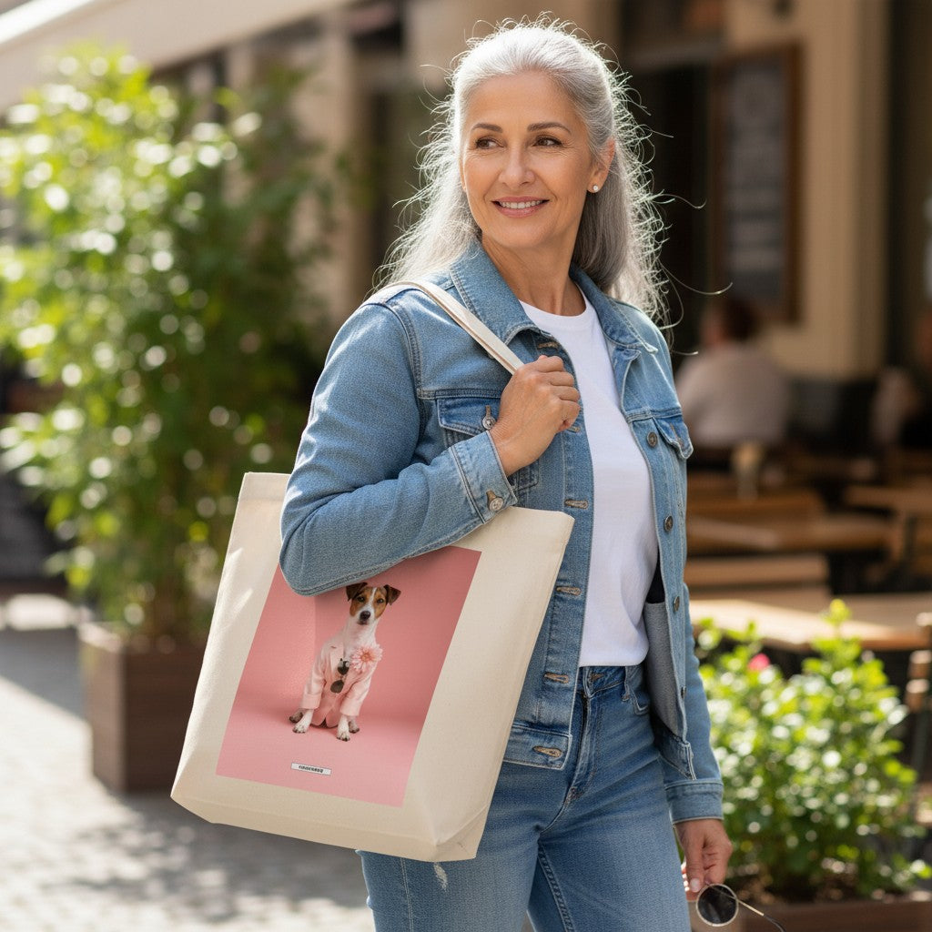 Große Shopping Bag Styled Dogs Jack Russell Terrier in Cremebeige – ältere Frau trägt Canvas Tote Bag in der Stadt, HOOKamSEE Kollektion Styled Dogs