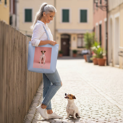 Große Shopping Bag Styled Dogs Jack Russell Terrier in Sky – Frau trägt Canvas Tote Bag mit echtem Jack Russell Terrier, HOOKamSEE Kollektion Styled Dogs