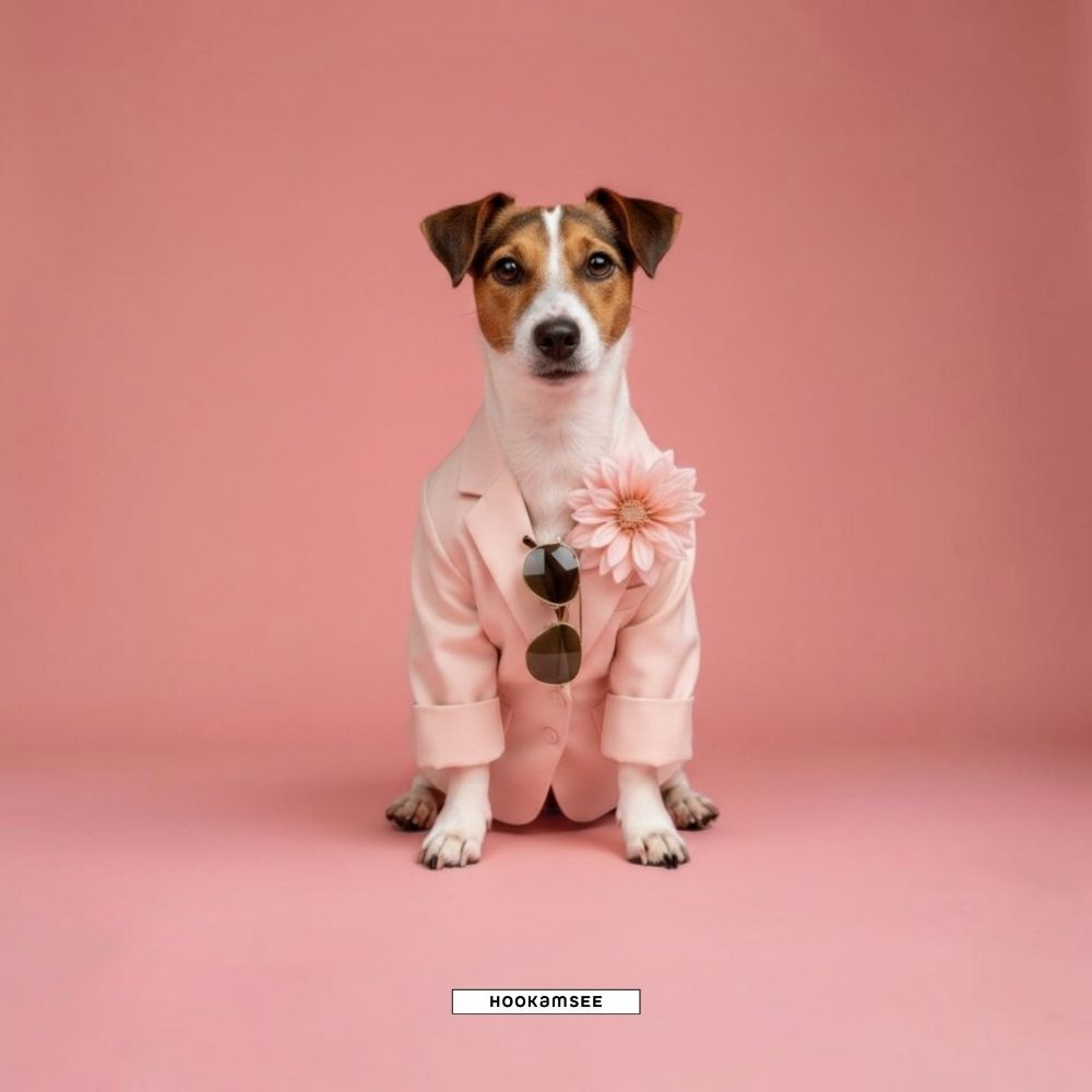 Jack Russell Terrier im rosafarbenen Blazer mit Gerbera und Sonnenbrille – Motiv der HOOKamSEE Kollektion Styled Dogs