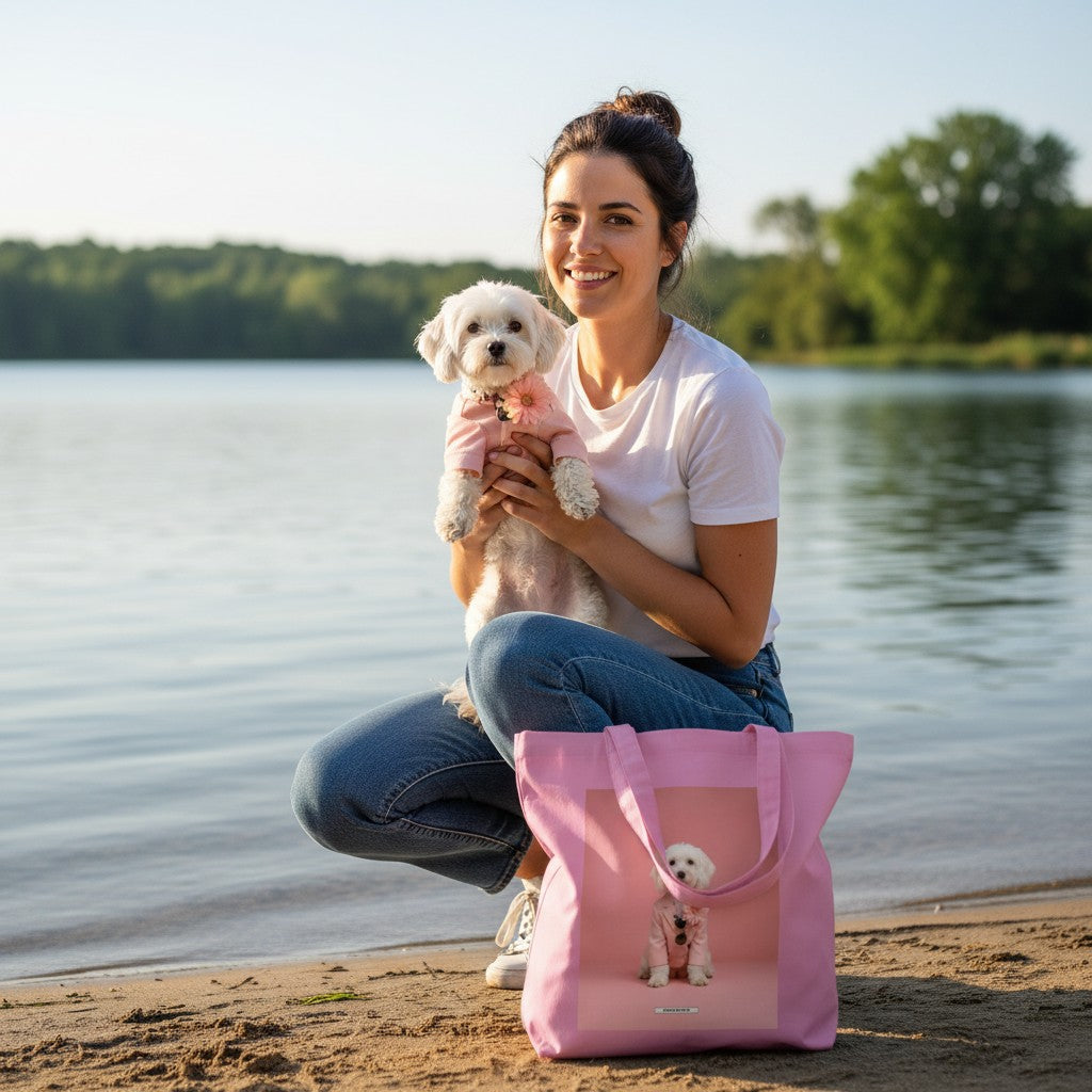 Große Shopping Bag Styled Dogs Maltipoo in Pink – Frau hält echten Maltipoo am See, Canvas Tote Bag, HOOKamSEE Kollektion Styled Dogs