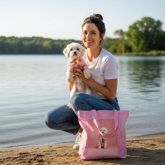 Große Shopping Bag Styled Dogs Maltipoo in Pink – Frau hält echten Maltipoo am See, Canvas Tote Bag, HOOKamSEE Kollektion Styled Dogs