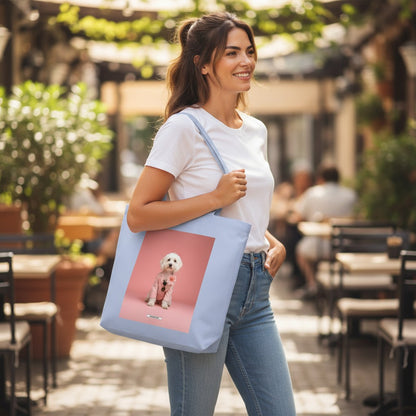Große Shopping Bag Styled Dogs Maltipoo in Sky – Frau trägt Canvas Tote Bag im Straßencafé, HOOKamSEE Kollektion Styled Dogs
