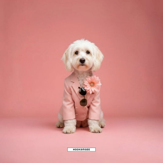 Maltipoo im rosafarbenen Blazer mit Gerbera und Sonnenbrille – Motiv der HOOKamSEE Kollektion Styled Dogs