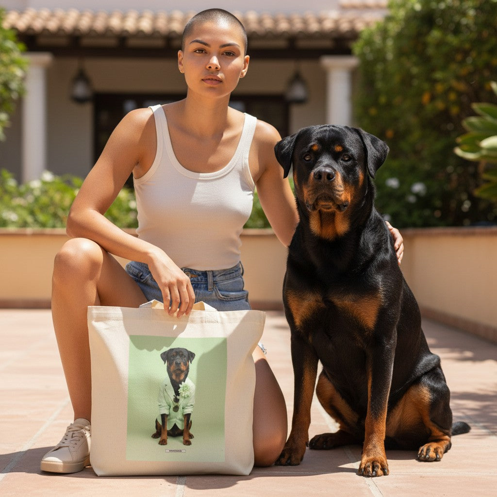 Große Shopping Bag Styled Dogs Rottweiler in Cremebeige – Frau sitzt mit echtem Rottweiler, Canvas Tote Bag, HOOKamSEE Kollektion Styled Dogs