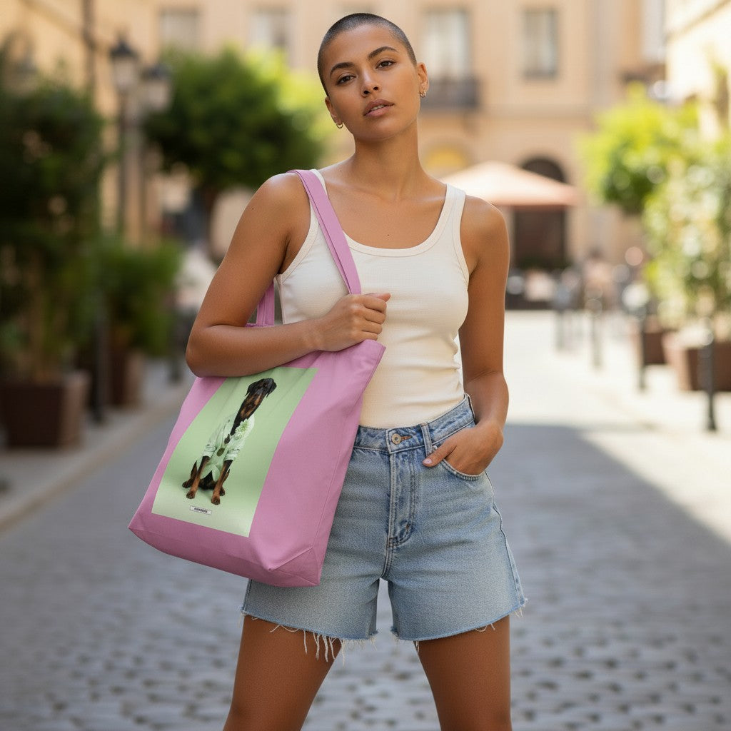 Große Shopping Bag Styled Dogs Rottweiler in Pink – Frau trägt Canvas Tote Bag in der Stadt, HOOKamSEE Kollektion Styled Dogs