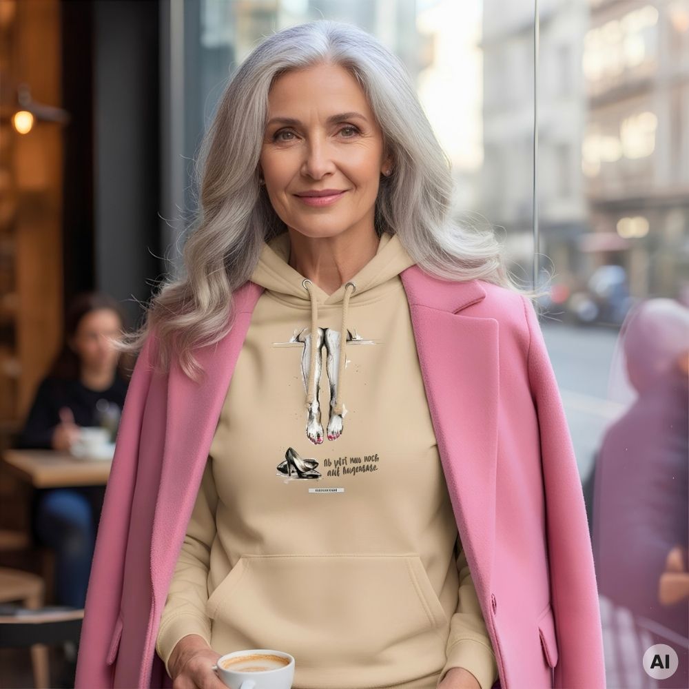Frau mit grauen Haaren trägt den HOOKamSEE Hoodie Ab jetzt nur noch auf Augenhöhe in Sand mit rosa Mantel und Kaffee vor einem Café