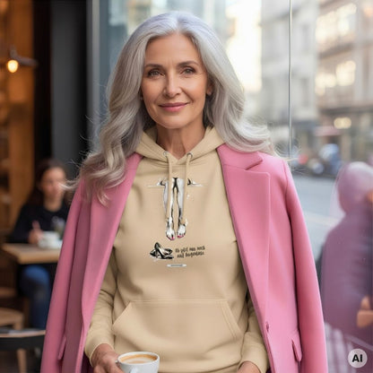 Frau mit grauen Haaren trägt den HOOKamSEE Hoodie Ab jetzt nur noch auf Augenhöhe in Sand mit rosa Mantel und Kaffee vor einem Café