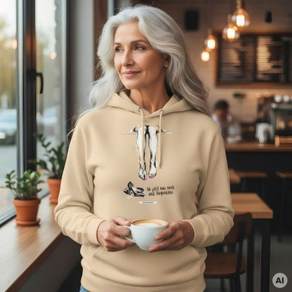 Frau im sandfarbenen HOOKamSEE Statement-Hoodie Ab jetzt nur noch auf Augenhöhe mit Cappuccino am Fenster eines Cafés