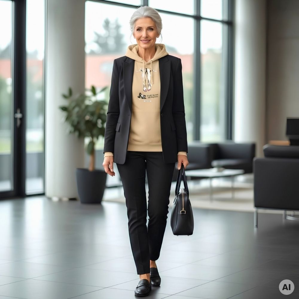 Business-Look mit HOOKamSEE Hoodie Ab jetzt nur noch auf Augenhöhe in Sand, schwarzem Blazer, Stoffhose, Loafern und Handtasche