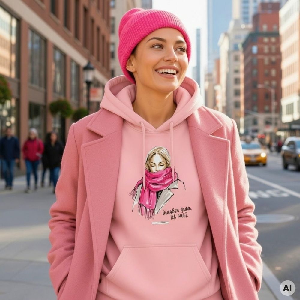 Hoodie mit Illustration einer Frau im pinken Schal, getragen in Rosa zu rosa Mantel und pinker Beanie auf einer Großstadtstraße mit gelbem Taxi