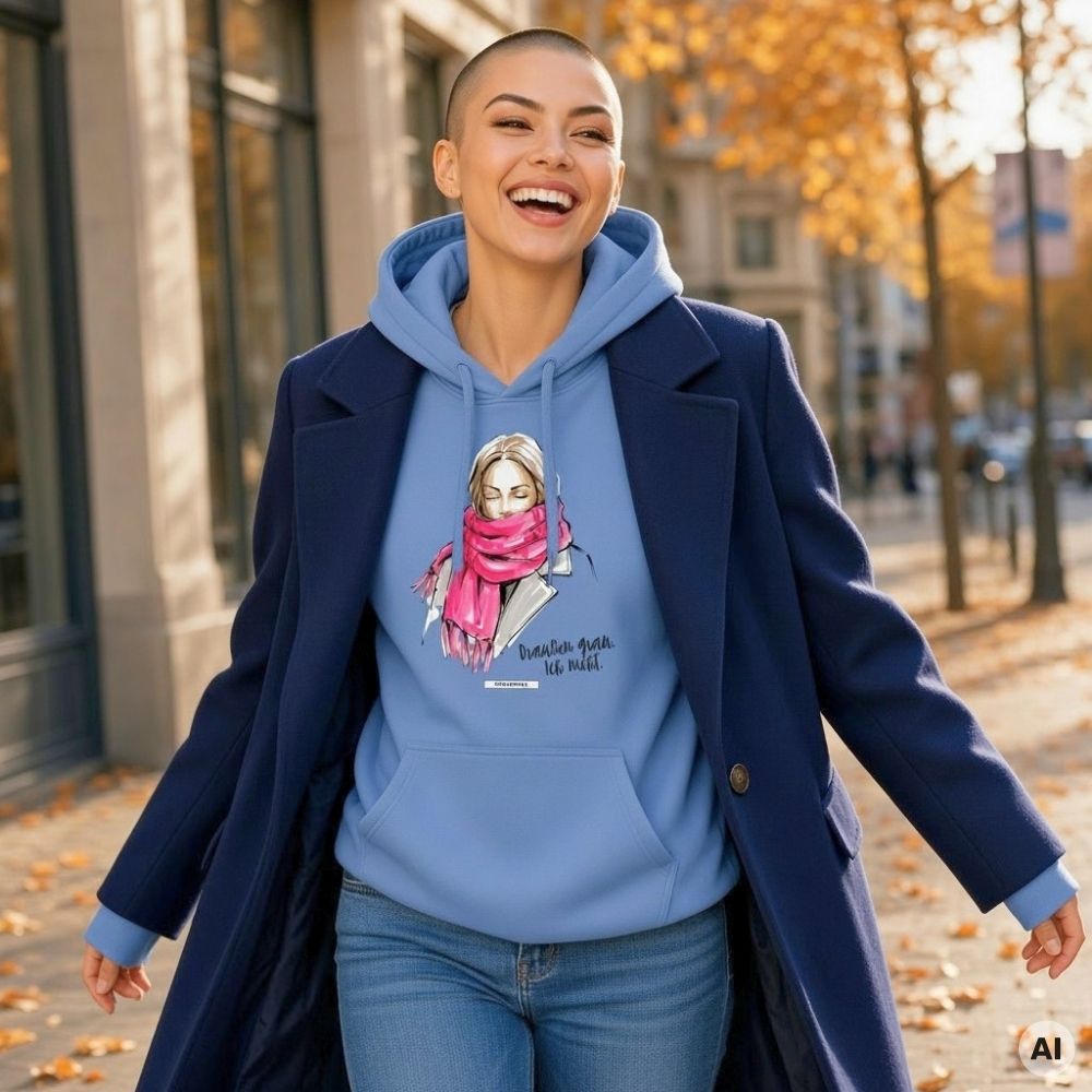 Lachende Frau in hellblauem Hoodie mit pinkem Schal-Motiv, dazu marineblauer Mantel und Jeans, auf einer herbstlichen Straße mit Laub