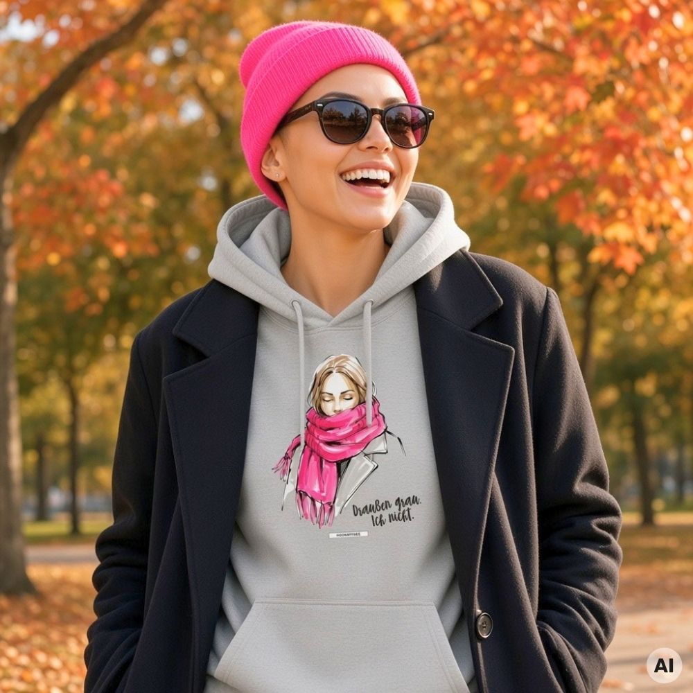 Lachende Frau in grauem Hoodie mit pinkem Schal-Motiv, dazu pinke Beanie, Sonnenbrille und schwarzer Mantel im goldenen Herbstpark