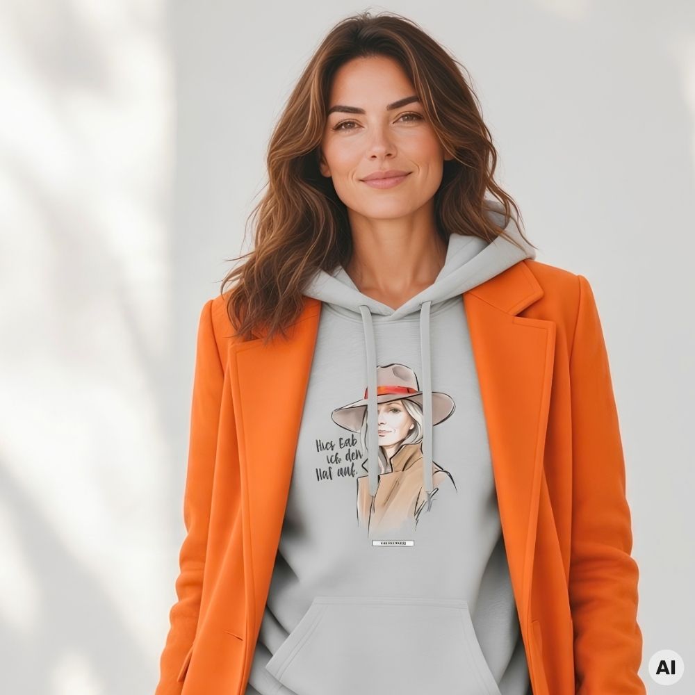 Frau mit langen welligen Haaren und orangefarbenem Mantel trägt den HOOKamSEE Statement-Hoodie Hier hab ich den Hut auf. in Hellgrau meliert vor einer hellen Wand mit Schattenspiel