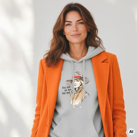 Frau mit langen welligen Haaren und orangefarbenem Mantel trägt den HOOKamSEE Statement-Hoodie Hier hab ich den Hut auf. in Hellgrau meliert vor einer hellen Wand, auf der Brust die Illustration einer Frau mit Hut im Tusche-und-Aquarell-Stil