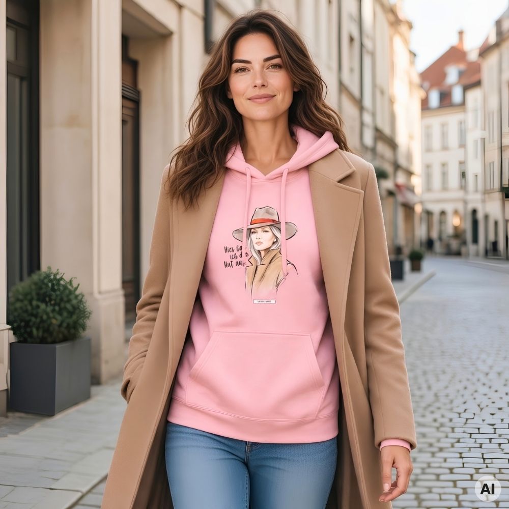 Frau mit langen welligen Haaren und Kamelmantel trägt den HOOKamSEE Statement-Hoodie Hier hab ich den Hut auf. in Hellrosa in einer Altstadtgasse mit Kopfsteinpflaster